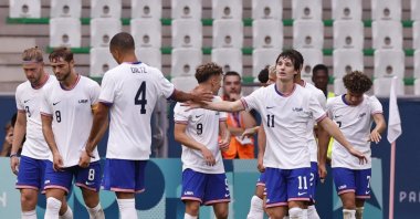 USMNT players celebrate a goal during the Paris 2024 Olympics men&#039;s football Group A against Guinea at the Geoffroy-Guichard Stadium, Saint-Etienne, France, July 30, 2024. (Reuters Photo