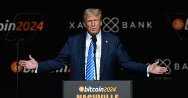 Republican presidential nominee and former U.S. President Donald Trump gestures at the Bitcoin 2024 event in Nashville, Tennessee, U.S., July 27, 2024. (Reuters Photo)