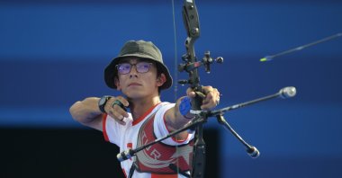 Turkish archer Mete Gazoz in action during the first round of the classical bow of the Paris 2024 Olympic Games against Andres Gallardo Ferrada from Chile, Les Invalides, France, July 30, 2024. (AA Photo)