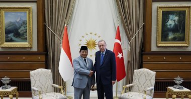 President Recep Tayyip Erdoğan and Indonesian President-elect Prabowo Subianto shake hands at Presidential Complex in Ankara, July 30, 2024. (IHA Photo)