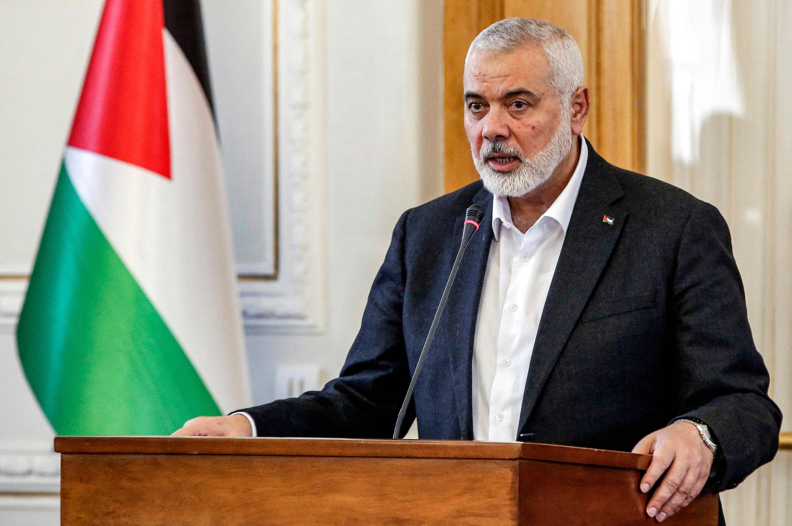 Ismail Haniyeh, the Doha-based political bureau chief of the Palestinian resistance movement Hamas, speaks to the press after a meeting with the Iranian foreign minister in Tehran on March 26, 2024. (AFP File Photo)