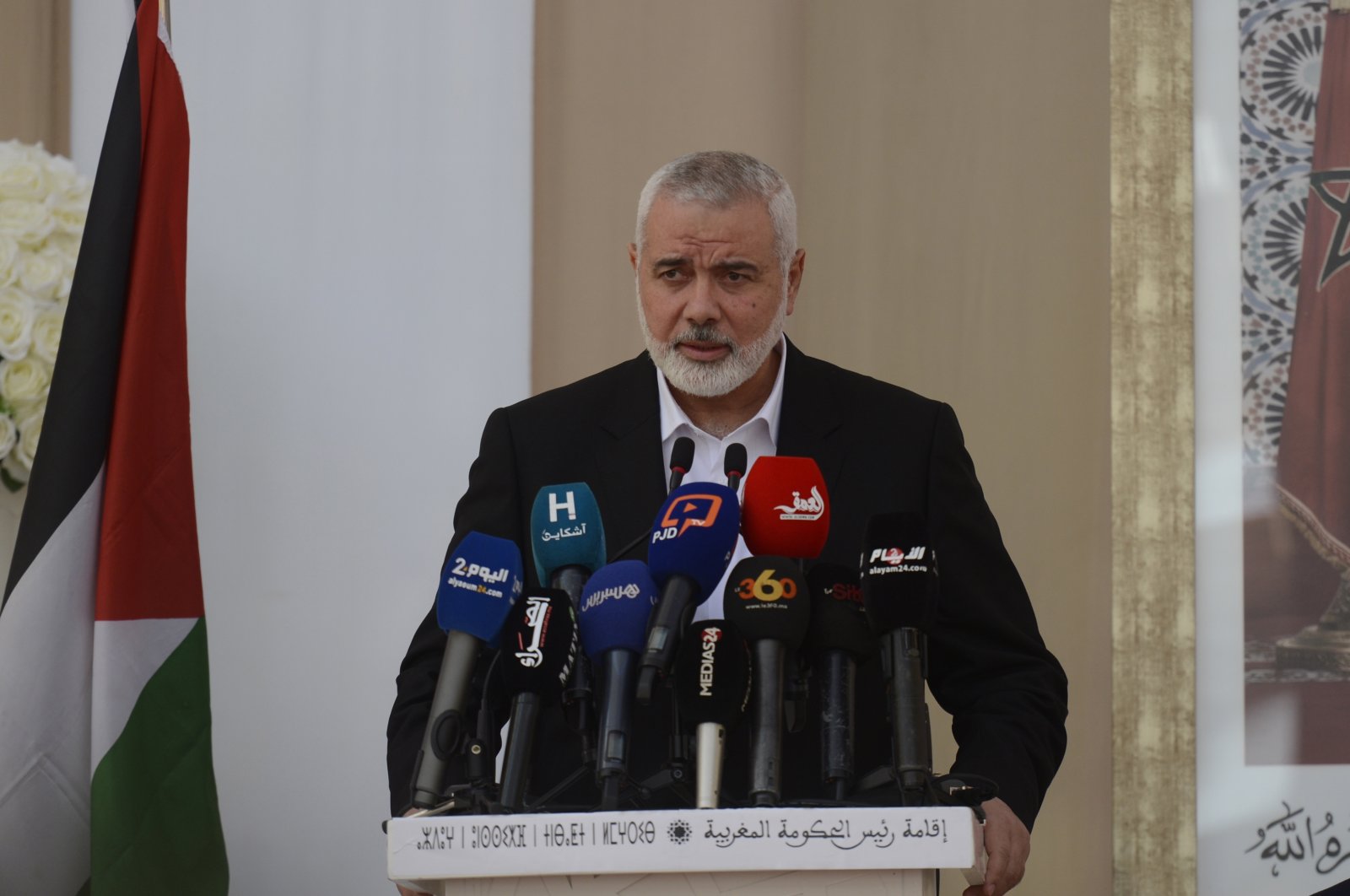 Hamas leader Ismail Haniyeh speaks during a meeting in Rabat, Morocco, June 16, 2021. (EPA Photo)