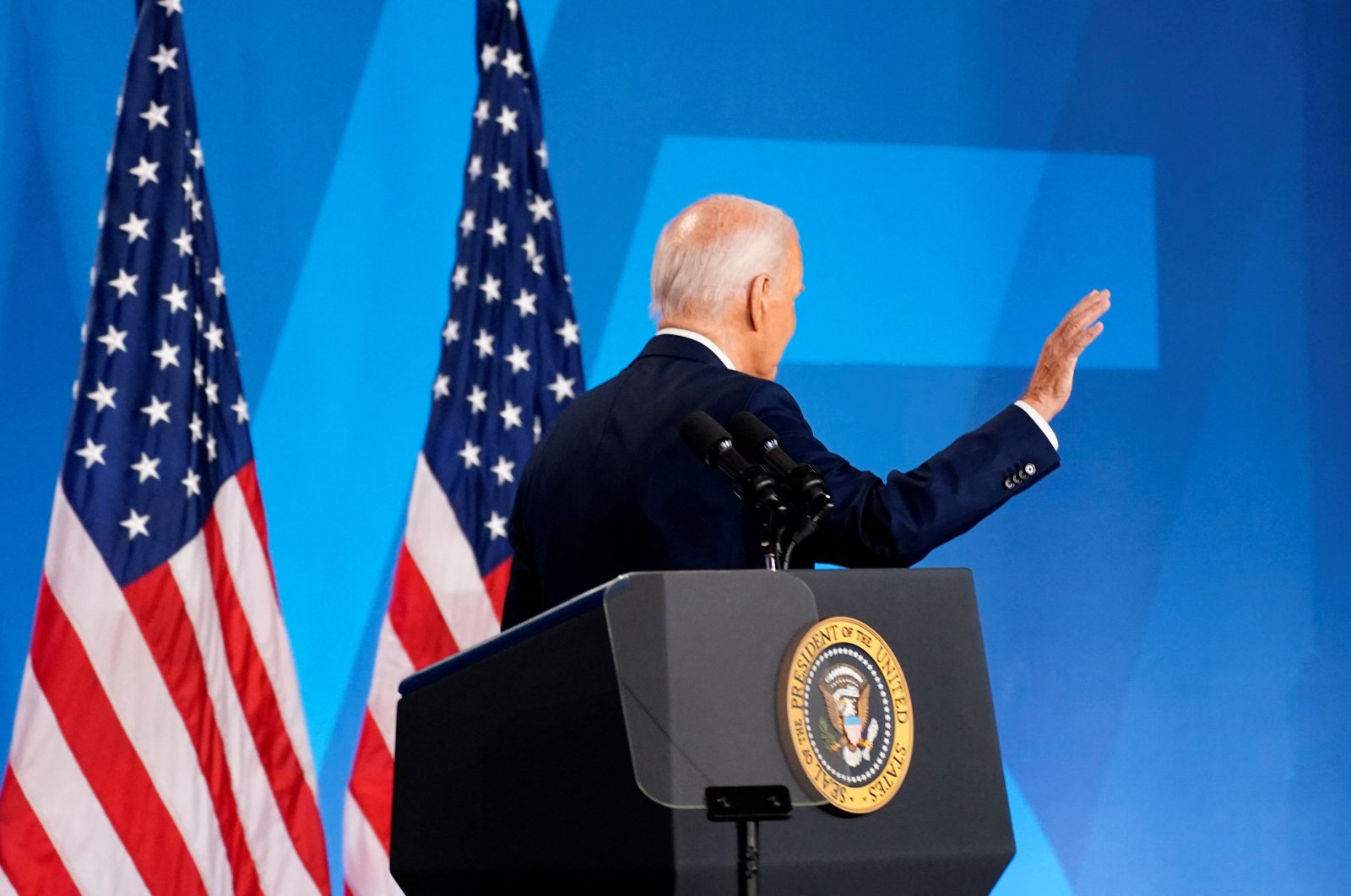 U.S. President Joe Biden waves at a news conference during NATO&#039;s 75th anniversary summit in Washington, U.S., July 11, 2024. (Reuters Photo)