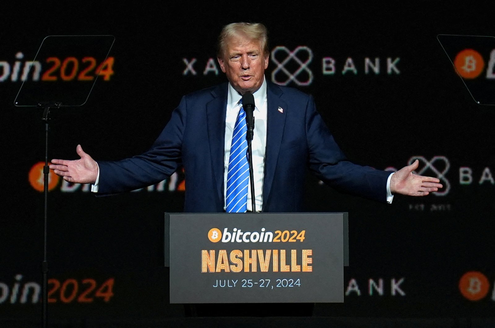 Republican presidential nominee and former U.S. President Donald Trump gestures at the Bitcoin 2024 event in Nashville, Tennessee, U.S., July 27, 2024. (Reuters Photo)