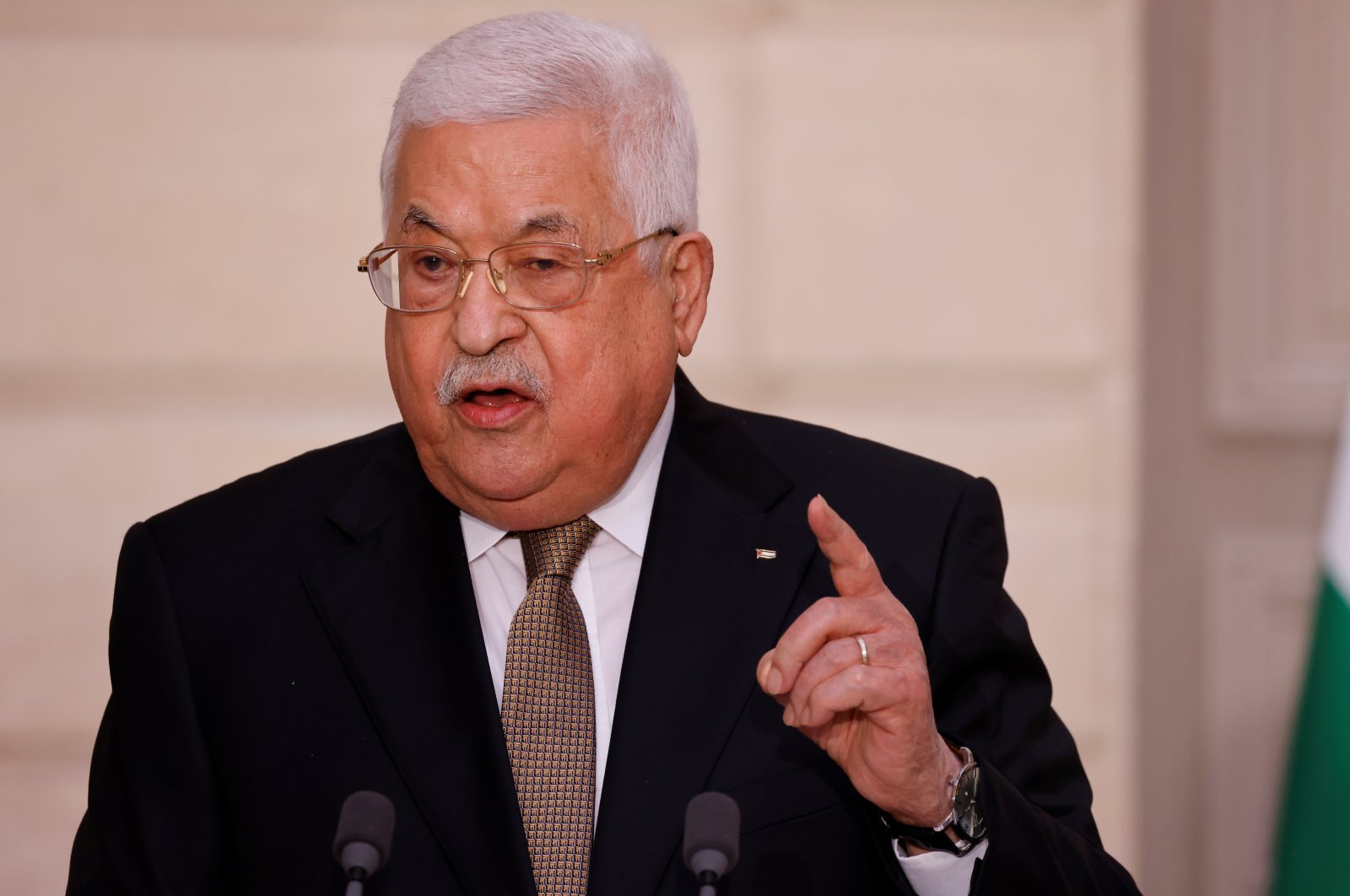 Palestinian President Mahmoud Abbas speaks during a joint news conference with the French President at the Elysee Presidential Palace, Paris, France, July 20, 2022. (EPA Photo)