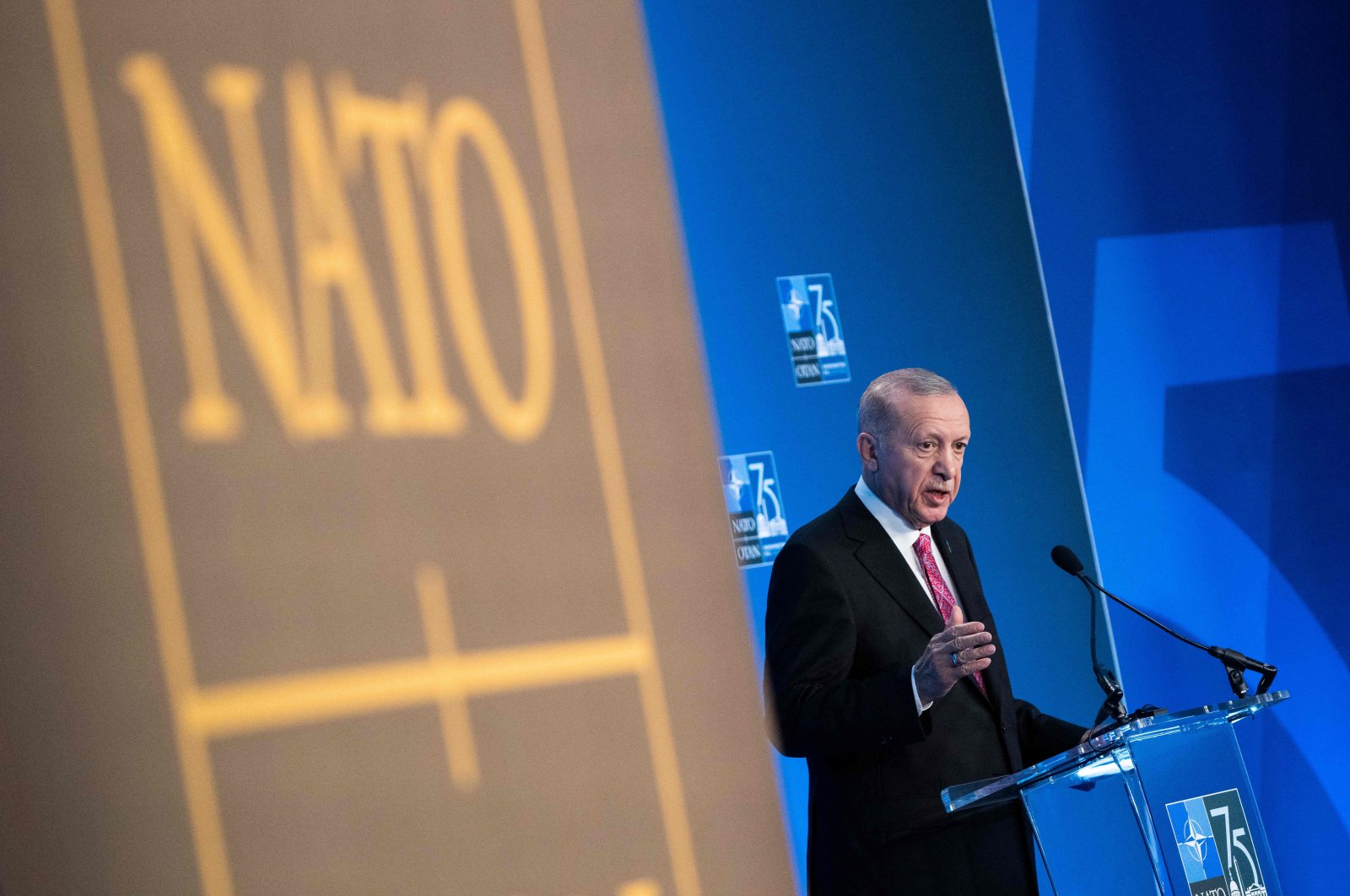 President Recep Tayyip Erdoğan speaks during a news conference on the sidelines of the NATO 75th anniversary summit at the Walter E. Washington Convention Center, Washington, U.S., July 11, 2024. (AFP Photo)