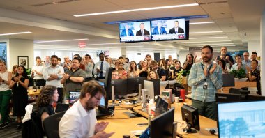 The Wall Street Journal editors and reporters listen to Editor-in-Chief Emma Tucker speak about Evan Gershkovich's release after a successful prisoner exchange in Türkiye between the United States and Russia, at the WSJ offices in New York City, U.S., Aug. 1, 2024. (Reuters Photo)