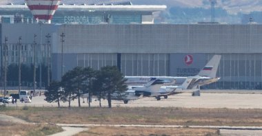 A Russian government plane is seen on the tarmac after landing for a prisoner swap with the U.S. at Esenboğa Airport, Ankara, Türkiye, Aug. 1, 2024. (Reuters Photo)