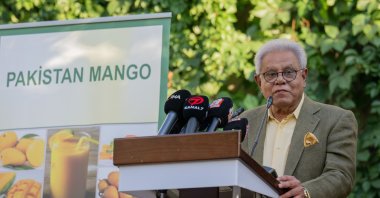 Pakistan's Ambassador Yousaf Junaid is seen speaking at the Mango Festival, Ankara, Türkiye, Aug.1, 2024 (AA Photo)