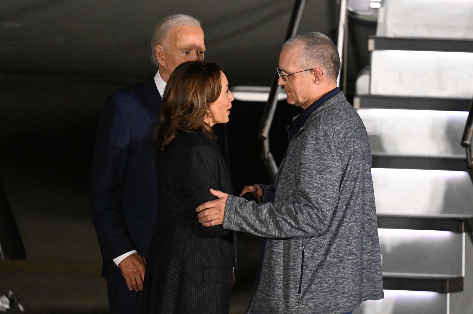 U.S. President Joe Biden and Vice President Kamala Harris welcome former prisoner held by Russia, ex-U.S. Marine Paul Whelan, as he arrives at Joint Base Andrews, Maryland, U.S., Aug. 1, 2024. (AFP Photo)