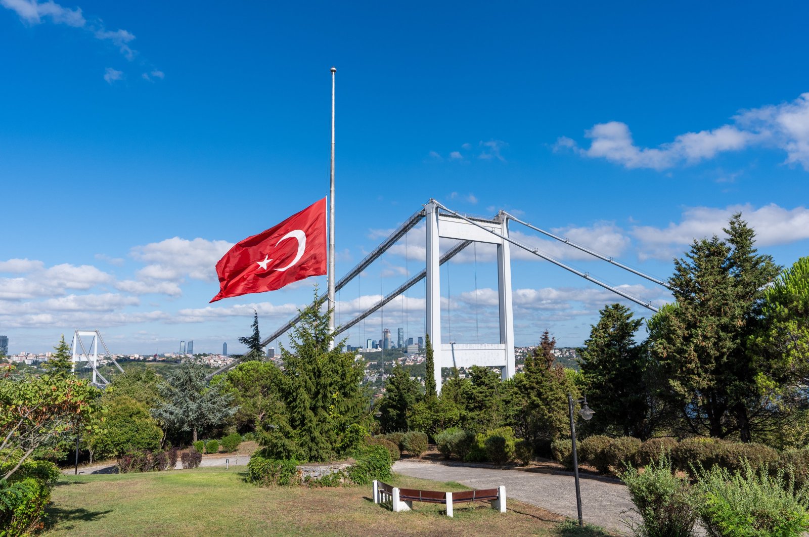 A Turkish flag waves at half-mast after a day of mourning is declared for the killing of Hamas chief Ismail Haniyeh, Istanbul, Türkiye, July 2, 2024. (AA Photo)