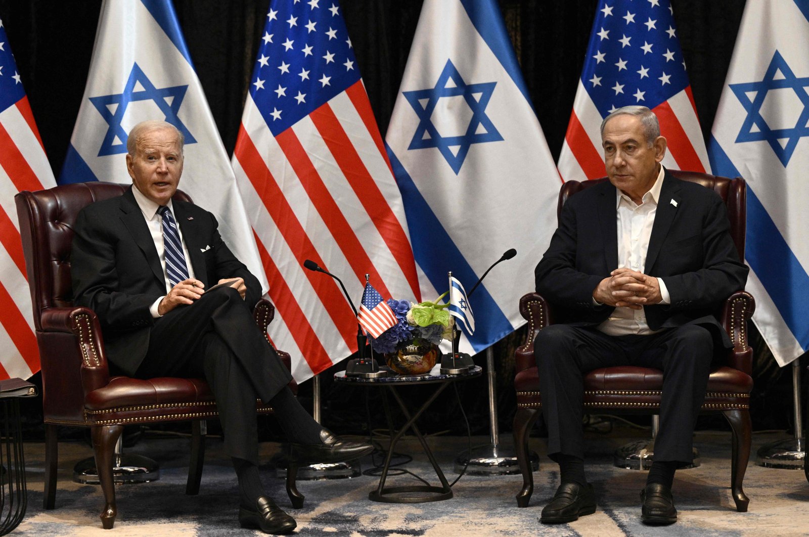 U.S. President Joe Biden listens to Israel&#039;s Prime Minister Benjamin Netanyahu as he joins a meeting of the Israeli war cabinet in Tel Aviv, Oct. 18, 2024. (AFP File Photo)