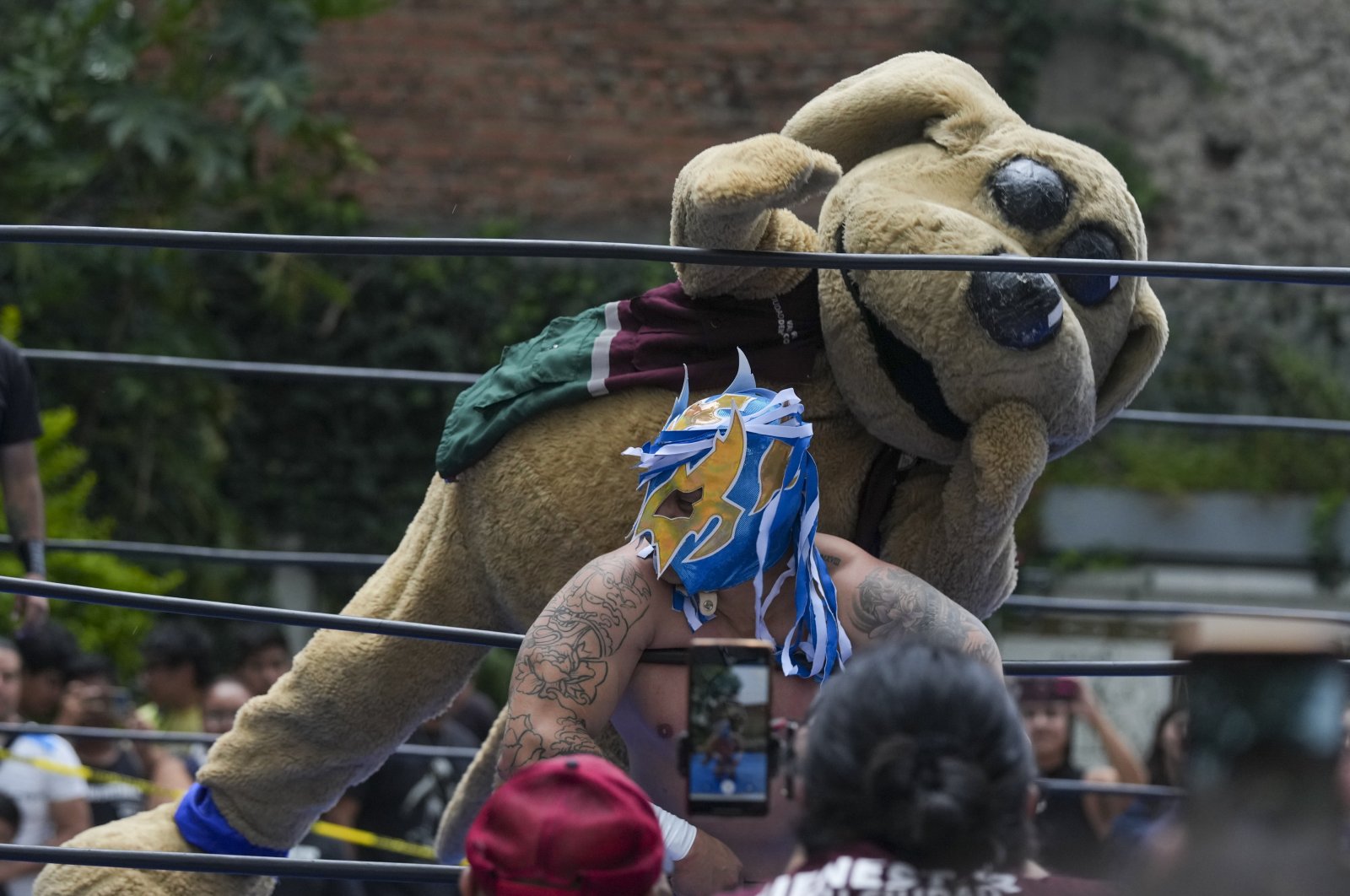 Wisin, the &quot;puppy luchador&quot; taunts an opponent during a lucha libre event at the Institute of Youth, in Mexico City, Mexico, July 25, 2024. (AP Photo)