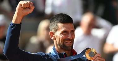 Gold medal winner Novak Djokovic of Serbia poses for a photo during the medal ceremony for the Men&#039;s Singles of the Tennis competitions in the Paris 2024 Olympic Games, at the Roland Garros, Paris, France, Aug. 4, 2024. (EPA Photo)
