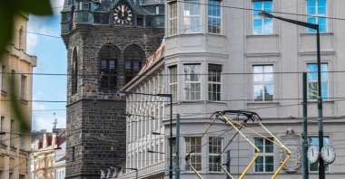Prague&#039;s iconic buildings with a passing tram, Prague, Czechia, July 13, 2024. (Photo by Derya Taşbaşı)
