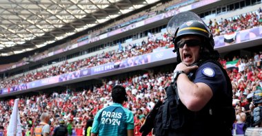 A police officer reacts at the side of the pitch during the Paris 2024 Olympics Men&#039;s Group B football match between Morocco and Iraq at the Nice Stadium, Nice, France, July 30, 2024. (Reuters Photo)
