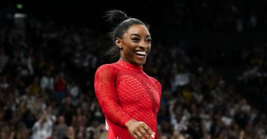 U.S.&#039; Simone Biles reacts after competing in the artistic gymnastics women&#039;s vault final during the Paris 2024 Olympic Games at the Bercy Arena, Paris, France, Aug. 3, 2024. (AFP Photo)