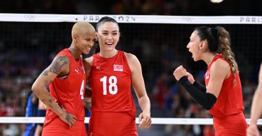 Turkish women&#039;s national volleyball team players react during the Paris Olympics Pool C match against Italy, Paris, France, Aug. 4, 2024. (AA Photo)