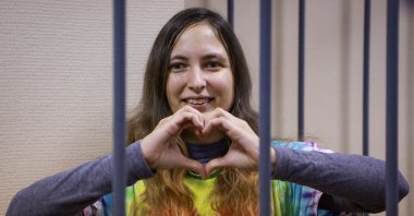 Alexandra (Sasha) Skochilenko, a 33-year-old artist and musician, reacts during a court hearing in Saint Petersburg, Russia, Nov. 16, 2023. (Reuters Photo)