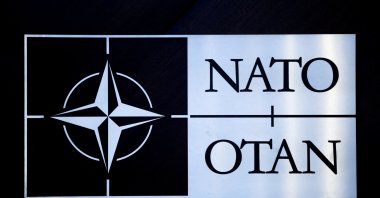 The logo of NATO is seen at a meeting of the North Atlantic Council in the NATO defense ministers&#039; session together with Sweden as the invitee, at the alliance&#039;s headquarters in Brussels, Belgium, Feb. 15, 2024. (Reuters Photo)