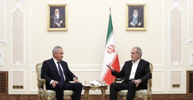 A handout photo made available by the Iranian Presidential Office shows Iranian President Masoud Pezeshkian meeting with Russian Security Council Secretary Sergei Shoigu in Tehran, Iran, Aug. 5, 2024. (EPA Photo)