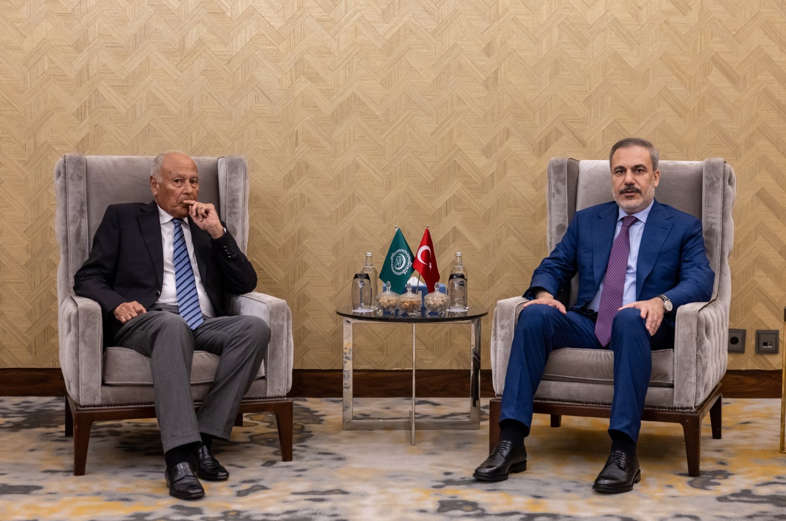 Foreign Minister Hakan Fidan (R) poses with Ahmed Aboul Gheit (L) before their meeting in El Alamein, Egypt, Aug. 4, 2024. (AA Photo)