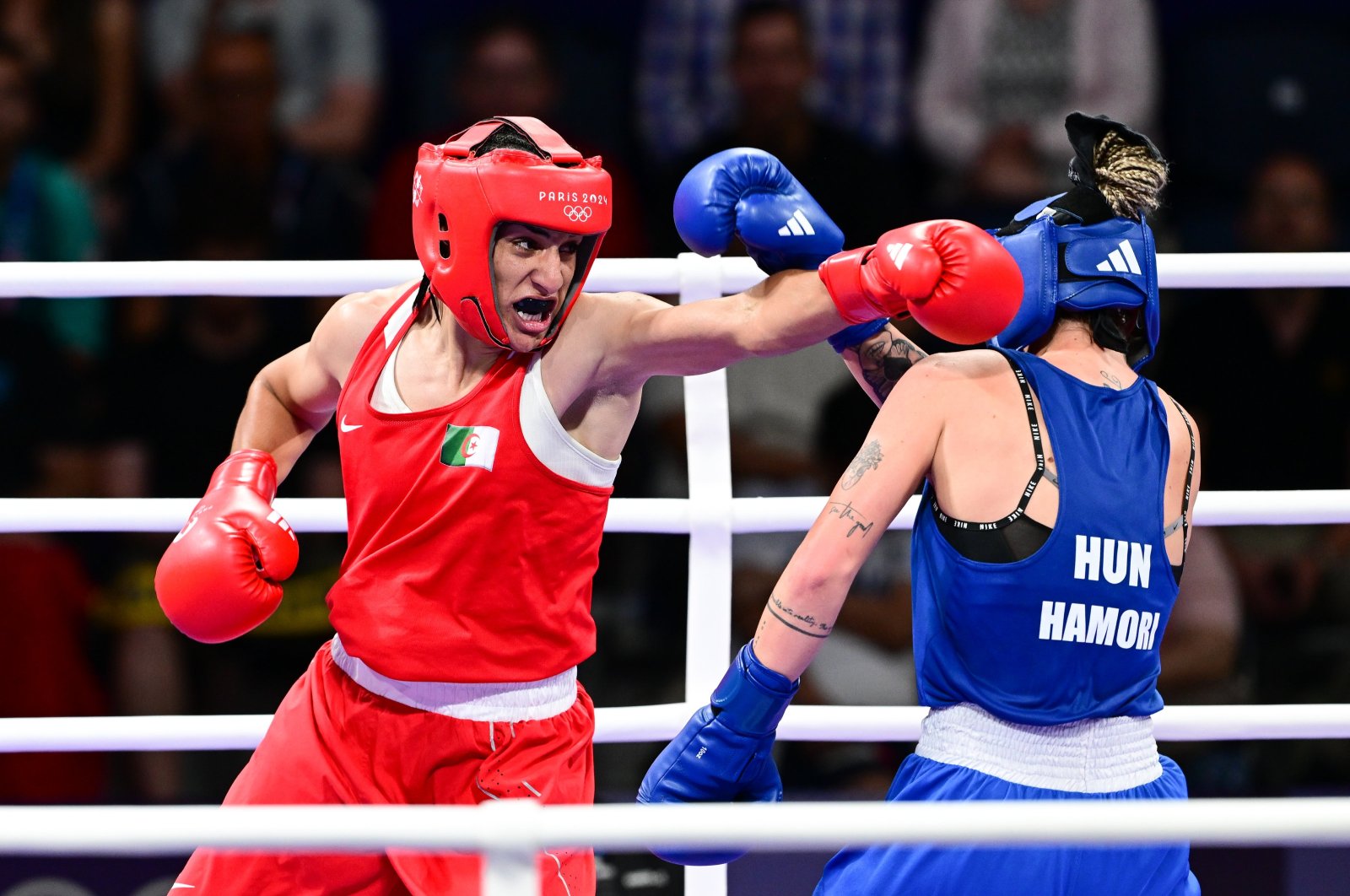 Algeria&#039;s Imane Khelif (L) in action with Hungary&#039;s Anna Luca Hamori during the Paris 2024 Olympics, Boxing, Women&#039;s 66 kg. quarterfinal at the North Paris Arena, Villepinte, France, Aug. 3, 2024. (AA Photo)