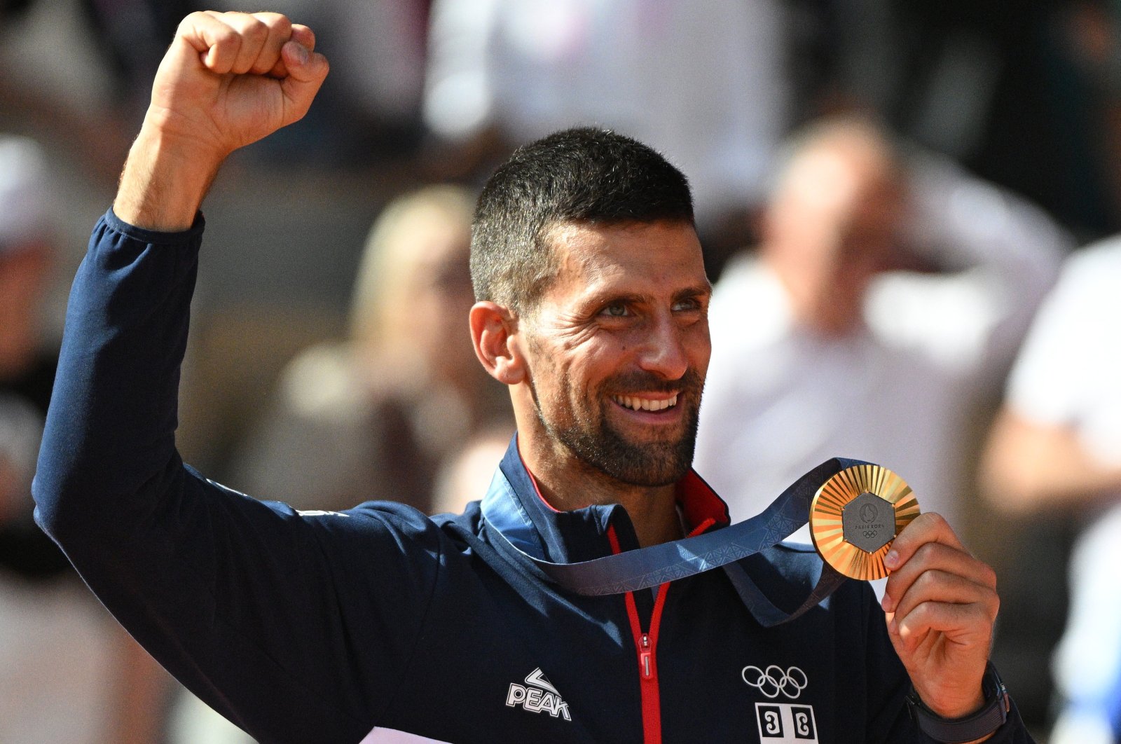 Gold medal winner Novak Djokovic of Serbia poses for a photo during the medal ceremony for the Men&#039;s Singles of the Tennis competitions in the Paris 2024 Olympic Games, at the Roland Garros, Paris, France, Aug. 4, 2024. (EPA Photo)