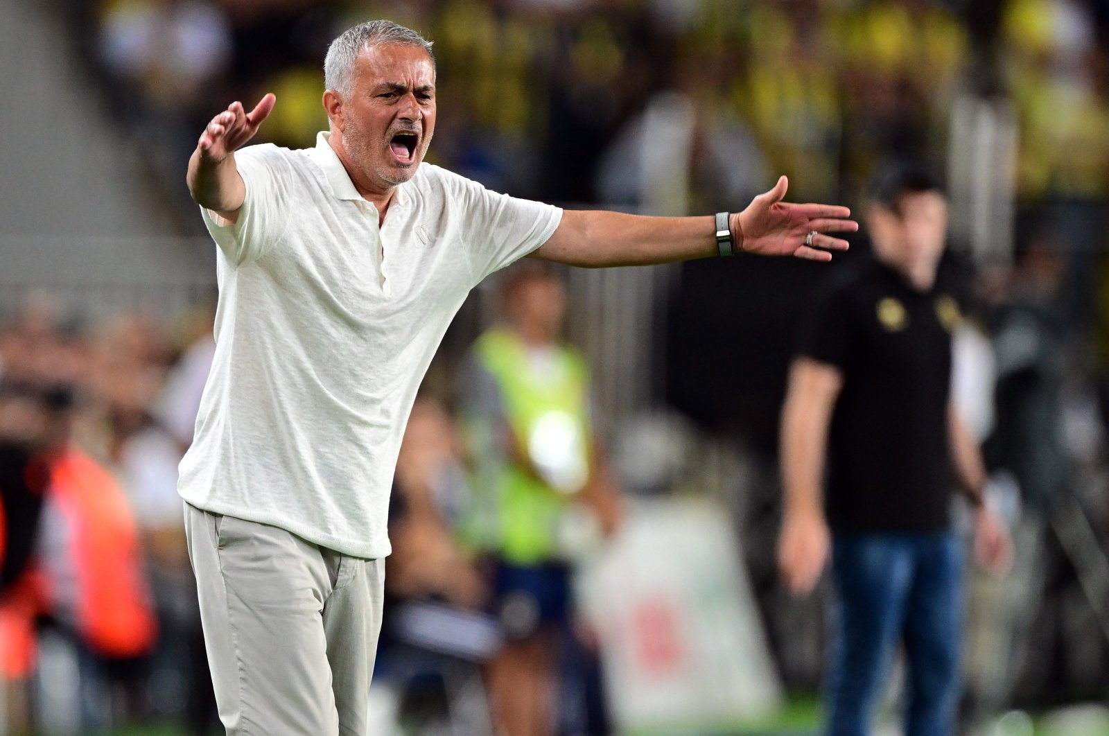 Fenerbahçe coach Jose Mourinho gives instructions during the UEFA Champions League third-round qualifier match against Lugano, Istanbul, Türkiye, July 30, 2024. (AA Photo)