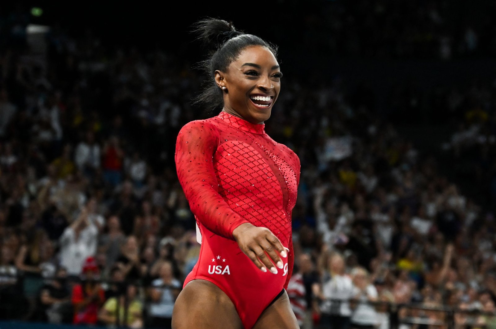 U.S.&#039; Simone Biles reacts after competing in the artistic gymnastics women&#039;s vault final during the Paris 2024 Olympic Games at the Bercy Arena, Paris, France, Aug. 3, 2024. (AFP Photo)