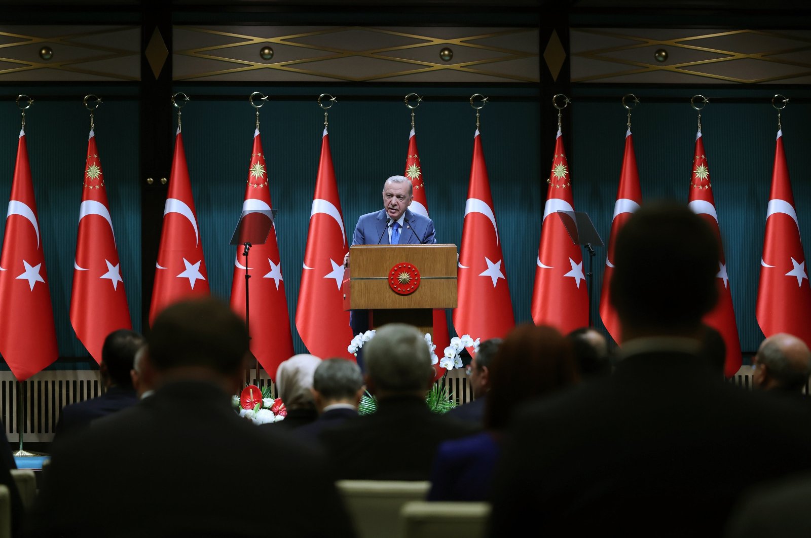 President Recep Tayyip Erdoğan speaks to reporters following a cabinet meeting in the capital Ankara, Aug. 5, 2024. (AA Photo)