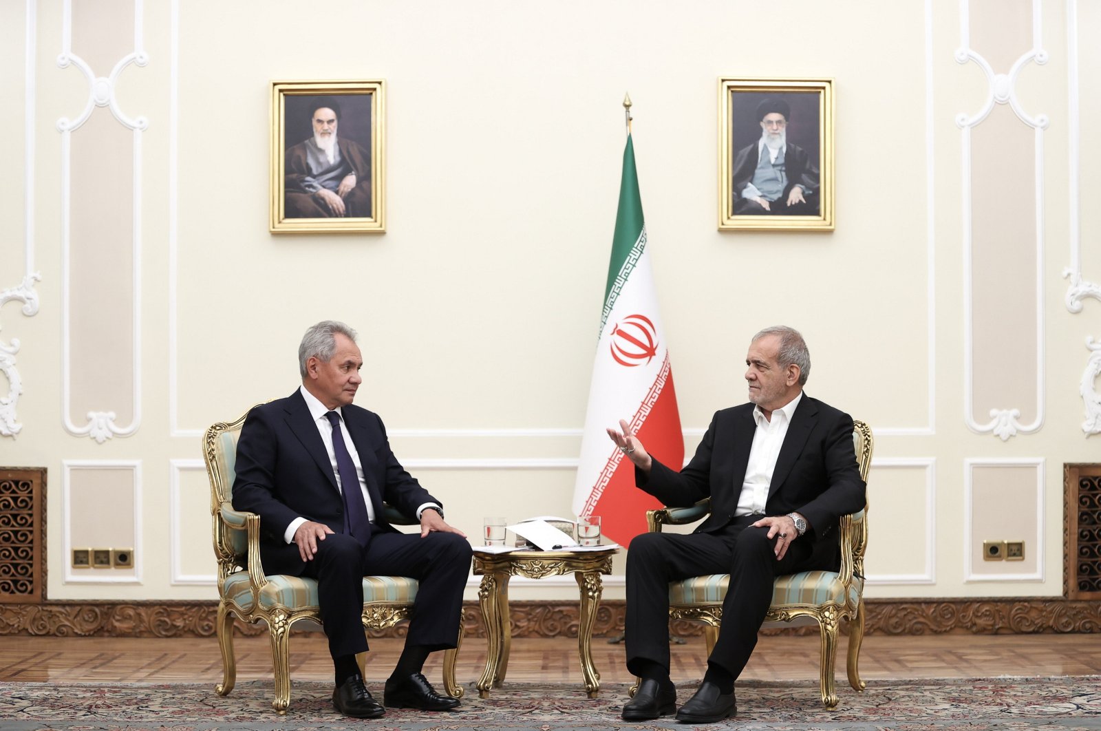 A handout photo made available by the Iranian Presidential Office shows Iranian President Masoud Pezeshkian meeting with Russian Security Council Secretary Sergei Shoigu in Tehran, Iran, Aug. 5, 2024. (EPA Photo)