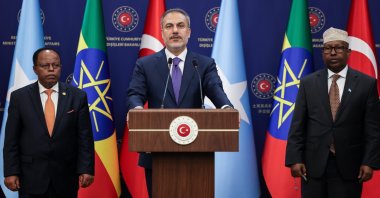 Foreign Minister Hakan Fidan (C) speaks at a news conference with Ethiopa's Taye Atske Selassie (L) and Somalia's Ahmed Moalim Fiqi (R), Ankara, Türkiye, July 1, 2024. (AA Photo)