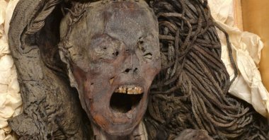 The face of the &quot;Screaming Woman&quot; mummy, discovered in 1935, is seen at the Egyptian Museum, Cairo, Egypt, Jan. 18, 2023. (Reuters Photo)