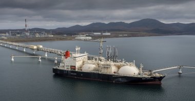 The tanker Sun Arrows loads its cargo of liquefied natural gas from the Sakhalin-2 project in the port of Prigorodnoye, Russia, Oct. 29, 2021. (AP Photo)