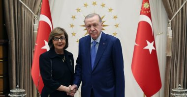 Bosnia-Herzegovinan Ambassador Mirsada Colakovic (L) shakes hands with President Recep Tayyip Erdoğan (R) as she presents her credentials in the capital Ankara, Türkiye, July 17, 2024. (AA Photo)