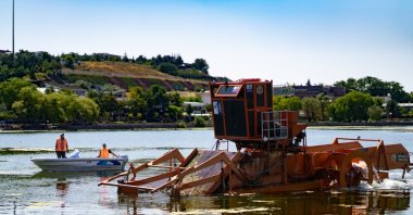 The team from Gölbaşı Municipality and Ankara Metropolitan Municipality work on cleaning Mogan Lake, Ankara, Türkiye, Aug. 6, 2024. (IHA Photo)