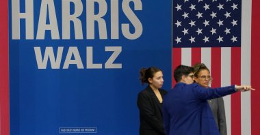 Campaign workers prepare for the U.S Vice President and Democratic presidential candidate Kamala Harris' rally with her newly chosen vice presidential running mate Minnesota Governor Tim Walz, in Philadelphia, Pennsylvania, U.S., Aug. 6, 2024. (Reuters Photo)