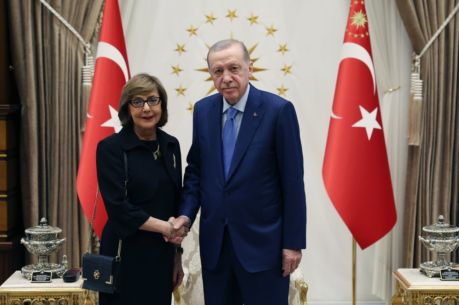 Bosnia-Herzegovinan Ambassador Mirsada Colakovic (L) shakes hands with President Recep Tayyip Erdoğan (R) as she presents her credentials in the capital Ankara, Türkiye, July 17, 2024. (AA Photo)