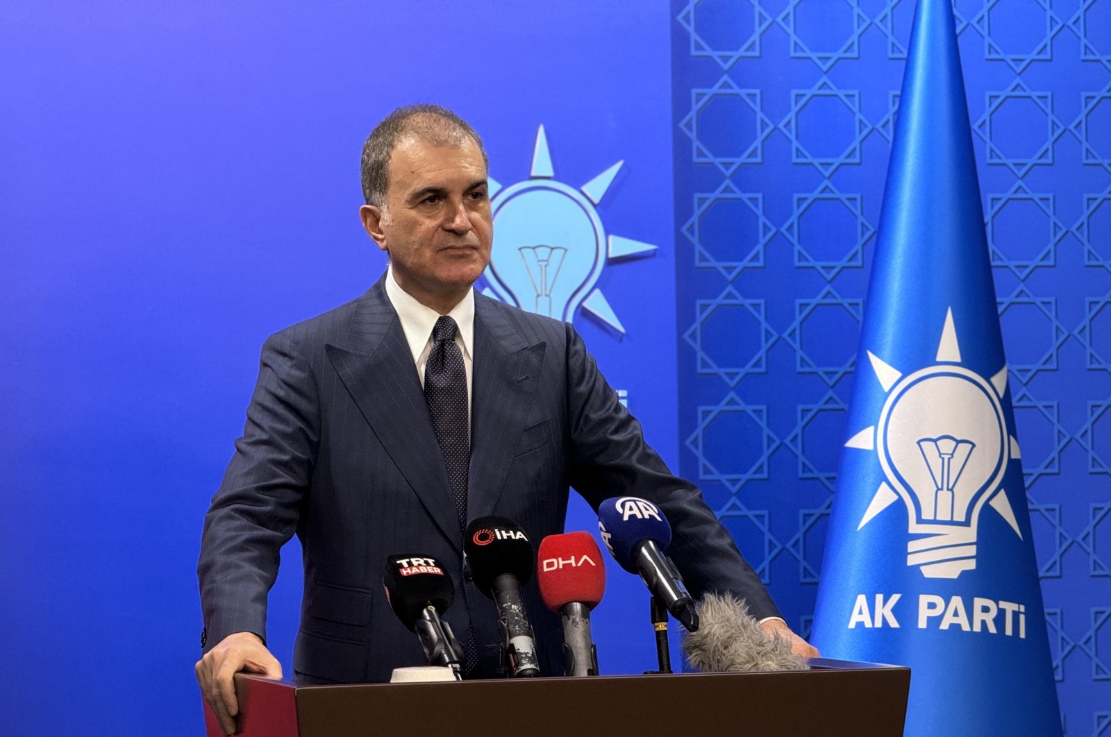 Ruling Justice and Development Party (AK Party) Spokesman Ömer Çelik speaks to reporters in Ankara, Aug. 6, 2024. (DHA Photo)