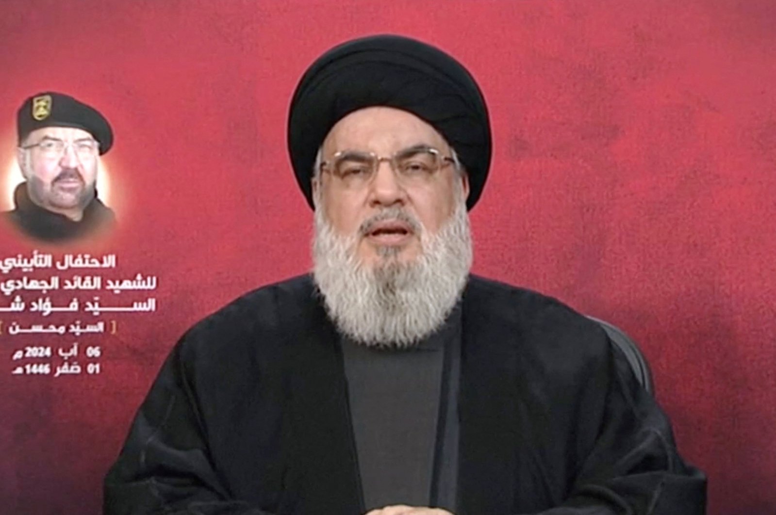 Hezbollah leader Sayyed Hassan Nasrallah gives a televised address, at a memorial ceremony to mark one week since the killing of Hezbollah senior commander Fuad Shukr, in Beirut&#039;s southern suburbs, in this screenshot taken from a video obtained on Aug. 6, 2024. (Al-Manar TV via Reuters)