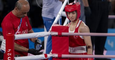 Türkiye's Buse Naz Çakıroğlu (R) after the Paris 2024 Olympics semifinals match against the Philippines' Aira Villegas, Paris, France, Aug. 6, 2024. (AA Photo)
