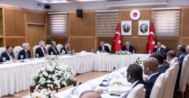 Foreign Minister Hakan Fidan speaks at the meeting with Arab League member states' ambassadors in the capital Ankara, Türkiye, Aug. 7, 2024. (AA Photo)