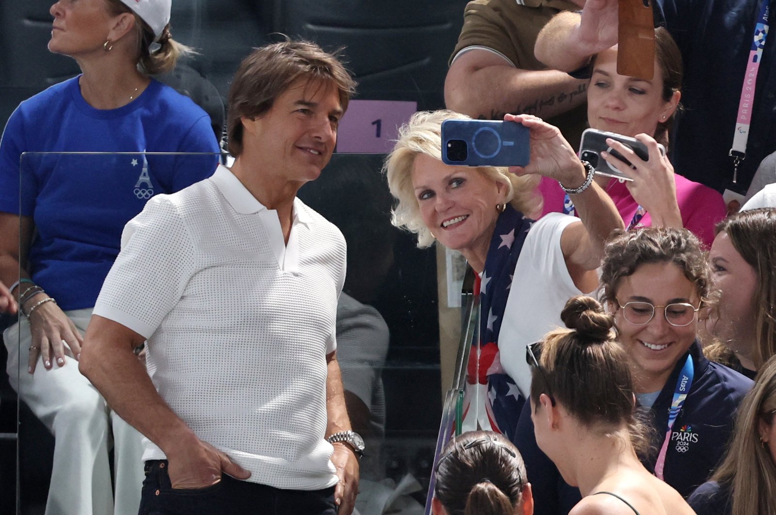 Actor Tom Cruise with fans in the stand during the Women&#039;s Qualification, Paris, France, July 28, 2024. (Reuters Photo)