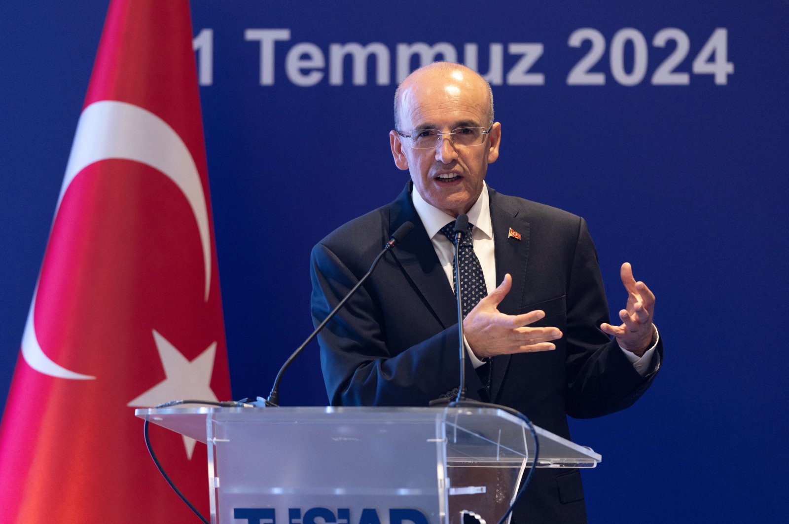 Treasury and Finance Minister Mehmet Şimşek speaks during a meeting of the Turkish Industry and Business Association (TÜSIAD), Istanbul, Türkiye, July 11, 2024. (Reuters Photo)