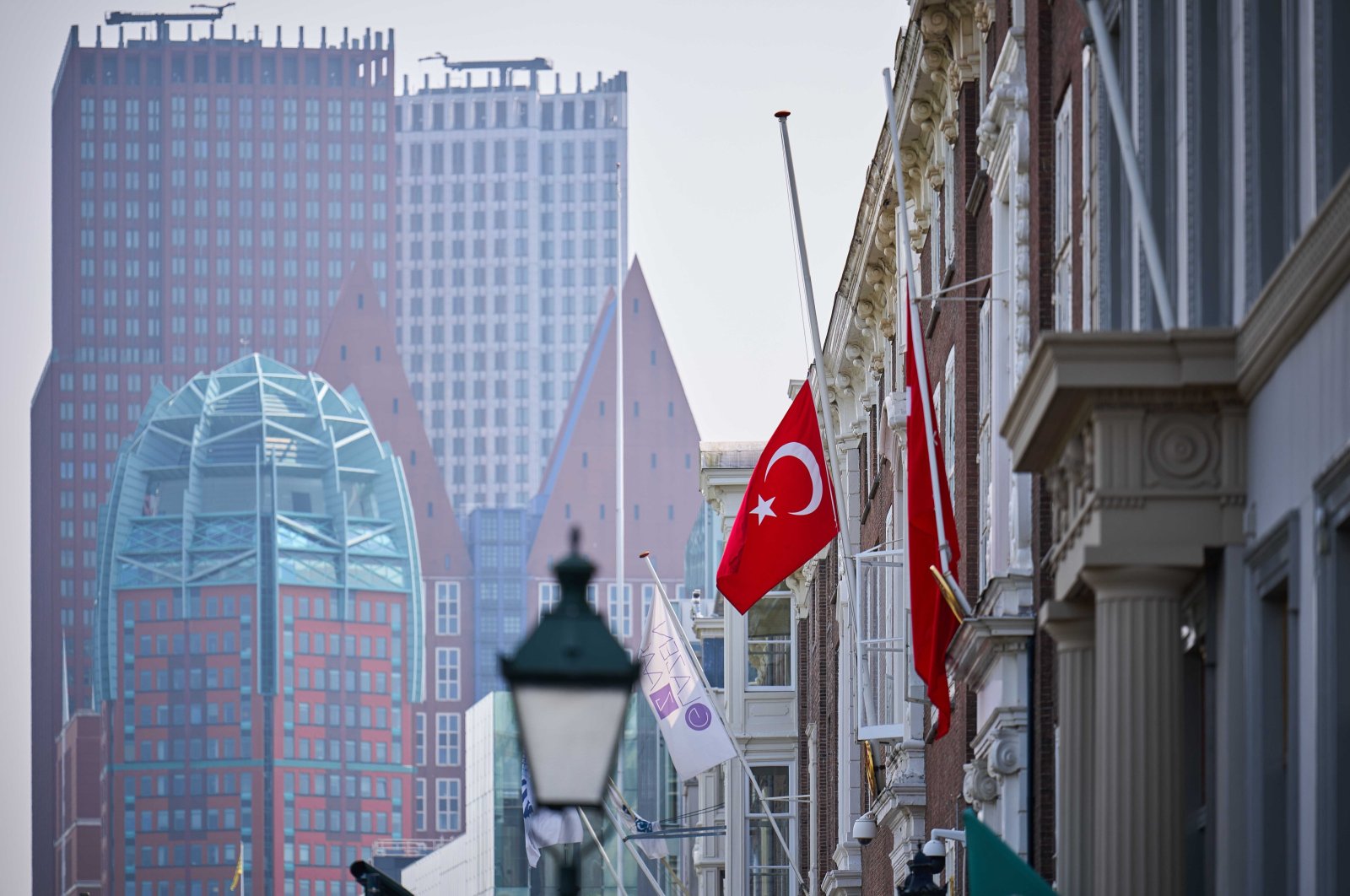 Flags at half-mast following the death of Palestinian ex-prime minister and Hamas leader Ismail Haniyeh, at the Turkish Embassy in The Hague, the Netherlands, Aug. 2, 2024. (EPA Photo)