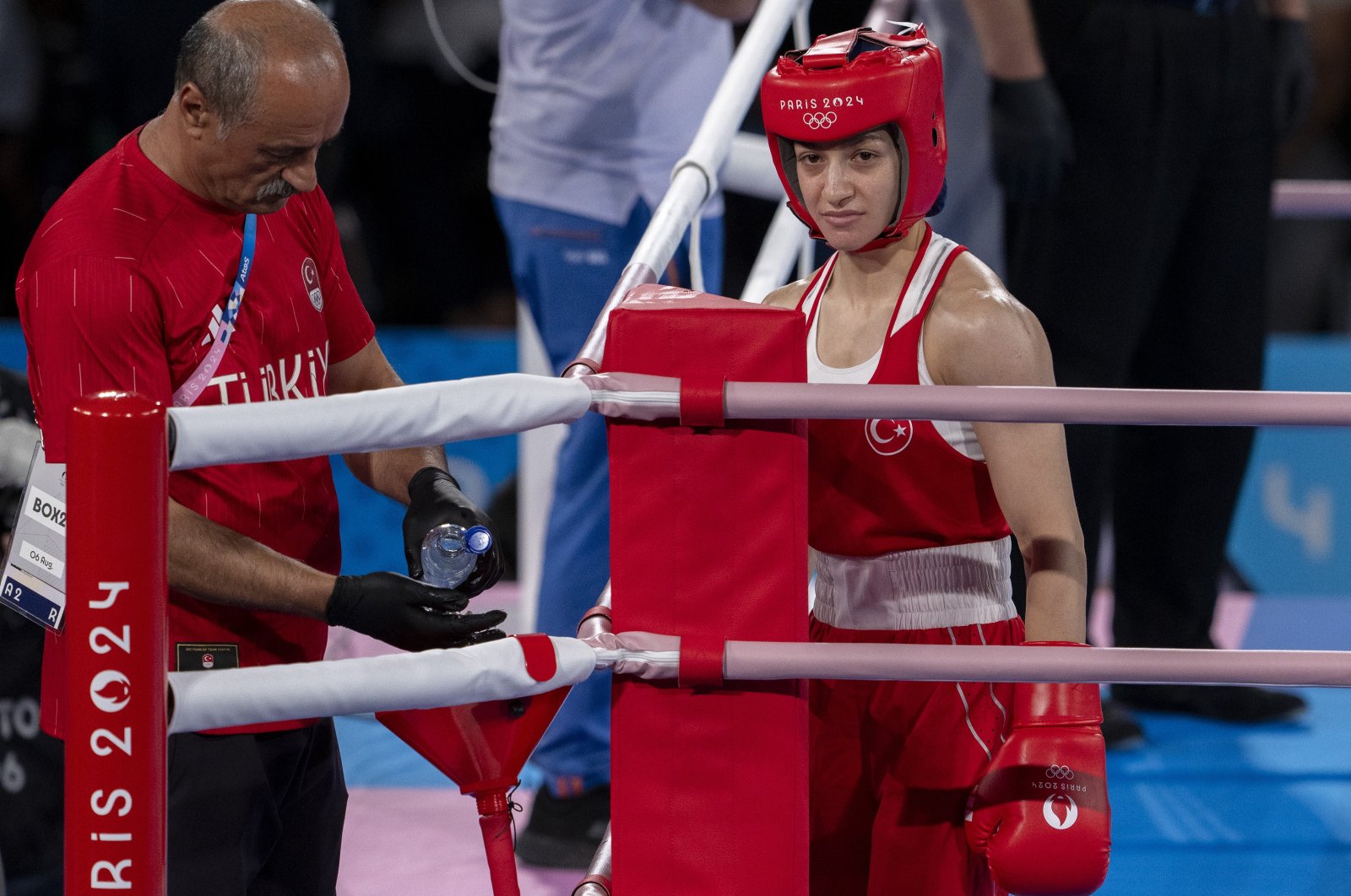 Türkiye&#039;s Buse Naz Çakıroğlu (R) after the Paris 2024 Olympics semifinals match against the Philippines&#039; Aira Villegas, Paris, France, Aug. 6, 2024. (AA Photo)
