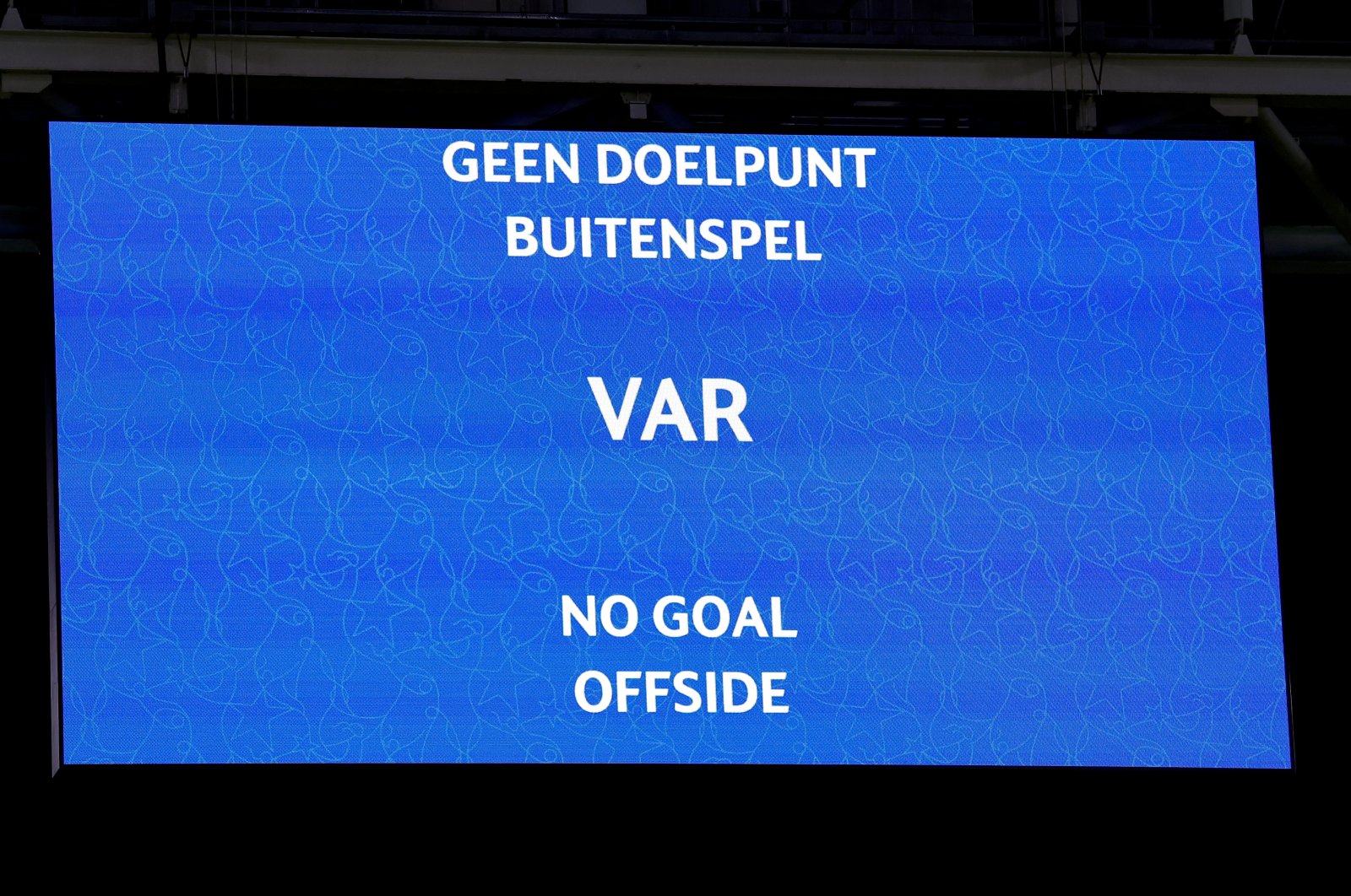 A VAR screen displays a no-goal offside message during the UEFA Women&#039;s Champions League 2023/24 Quarter Final Leg One match between AFC Ajax and Chelsea FC at Amsterdam Arena, Amsterdam, Netherlands, March 19, 2024. (Getty Images Photo)