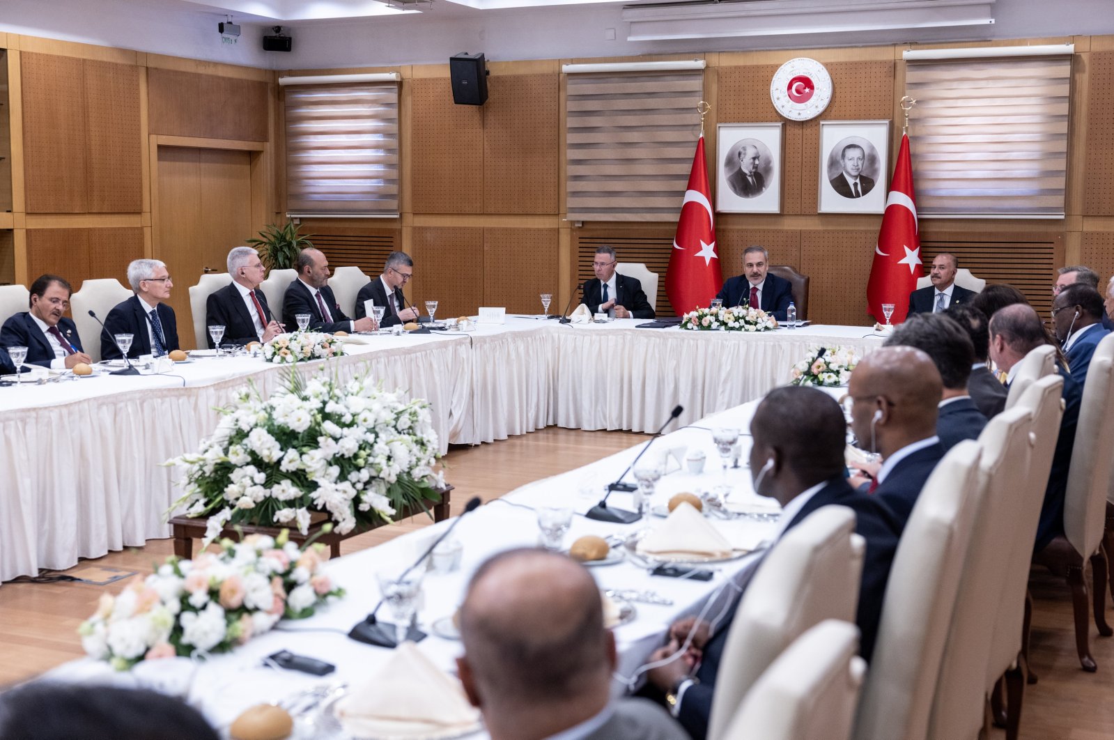 Foreign Minister Hakan Fidan speaks at the meeting with Arab League member states&#039; ambassadors in the capital Ankara, Türkiye, Aug. 7, 2024. (AA Photo)