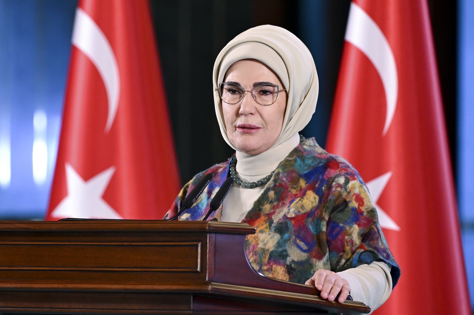 First Lady Emine Erdoğan speaks at an Iftar gathering with senior citizens in Ankara on March 19, 2024. (AA File Photo)

